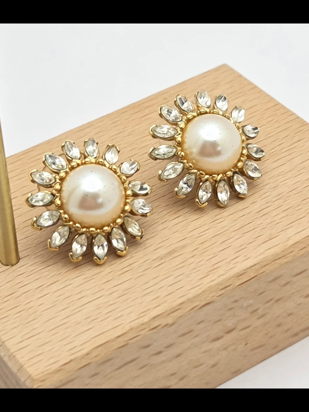 Vintage Monet Faux Pearl & Rhinestone Sunburst Stud Earrings | Gold Tone Pierced